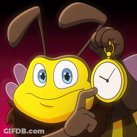 A Cartoon Bee Is Holding A Pocket Watch And Pointing To It GIF