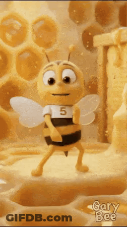A Cartoon Bee Is Standing On A Honeycomb . GIF