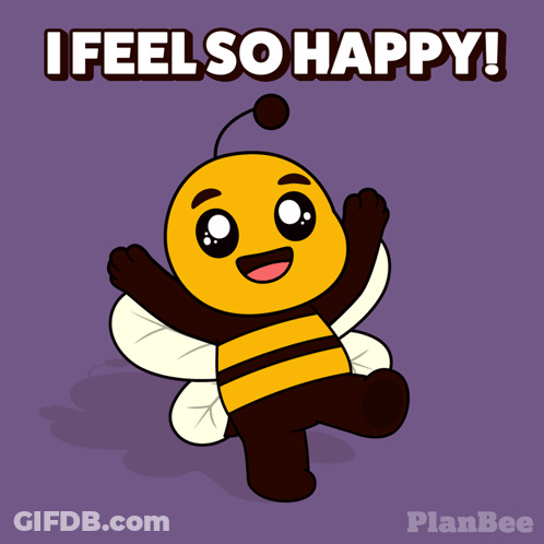 A Cartoon Bee Says I Feel So Happy On A Purple Background GIF