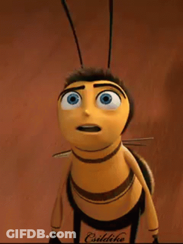 A Cartoon Bee With Blue Eyes Is Standing On A Brown Surface And Looking Up . GIF