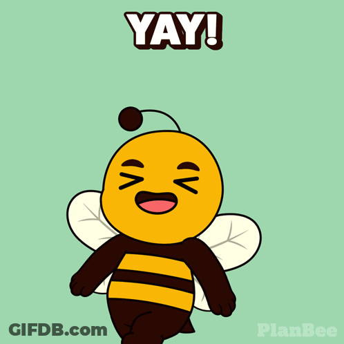 A Cartoon Bee With Its Arms In The Air And The Word Yay Above It GIF