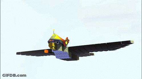 A Cartoon Bird Is Flying Through The Air With A Yellow Hat On GIF