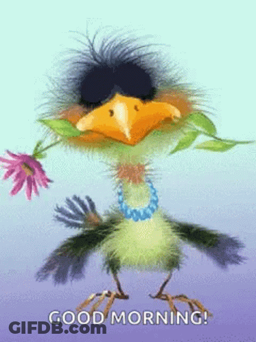A Cartoon Bird Is Holding A Flower In Its Beak And Says Good Morning . GIF