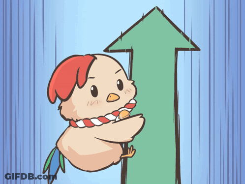 A Cartoon Bird Is Holding A Green Arrow Up GIF