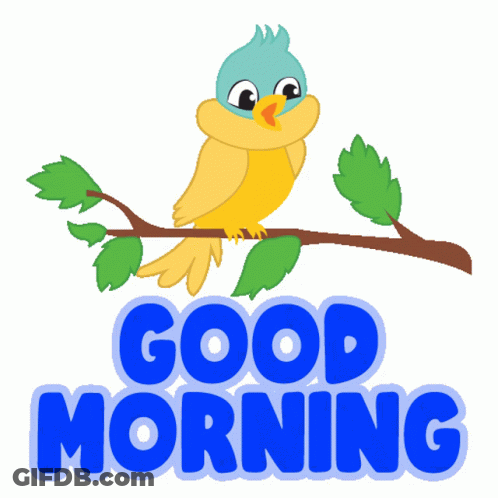 A Cartoon Bird Is Perched On A Tree Branch With The Words " Good Morning " Below It GIF