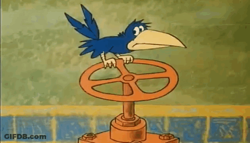 A Cartoon Bird Is Perched On Top Of A Valve . GIF