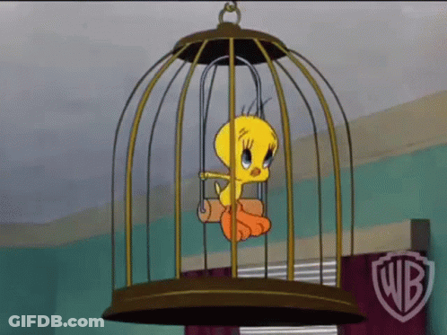 A Cartoon Bird Is Sitting In A Cage With A Stick . GIF