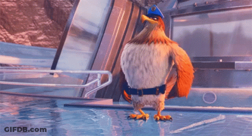 A Cartoon Bird Wearing A Blue Hat And Belt GIF