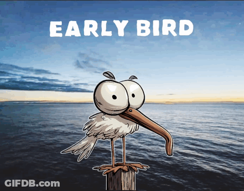 A Cartoon Bird With A Long Beak Is Standing On A Post In Front Of The Ocean With The Words Early Bird Above It GIF