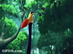 A Cartoon Bird With A Long Neck Is Standing On A Tree Branch In The Jungle . GIF