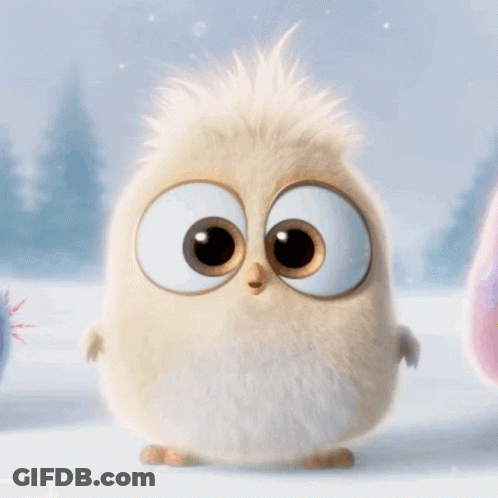 A Cartoon Bird With Big Eyes Is Standing In The Snow Looking At The Camera GIF