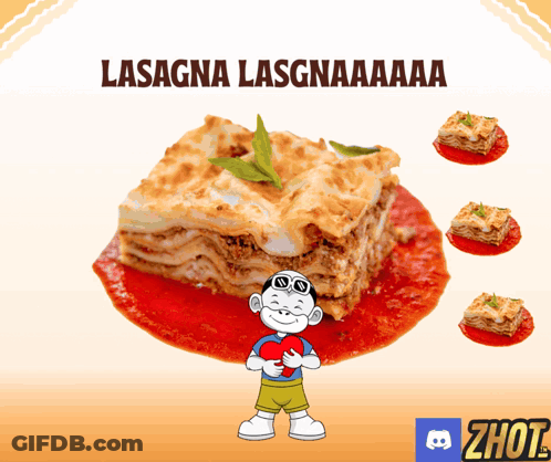 A Cartoon Boy Holding A Heart Next To A Lasagna GIF