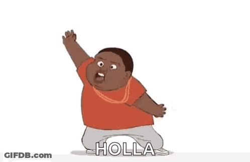 A Cartoon Boy Is Dancing With His Hand In The Air And The Word Holla Is On The Bottom . GIF