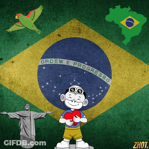 A Cartoon Boy Is Holding A Heart In Front Of A Flag That Says Ordem E Progresso GIF