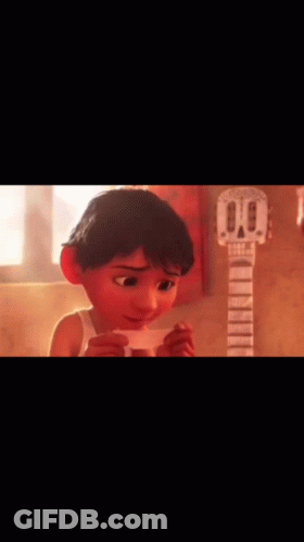 A Cartoon Boy Is Holding A Piece Of Paper In Front Of A Guitar . GIF