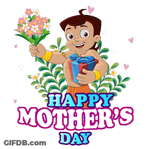 A Cartoon Boy Is Holding Flowers And A Gift In Front Of A Sign That Says Happy Mother 'S Day GIF