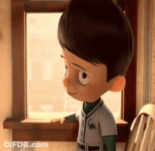A Cartoon Boy Is Looking Out A Window While Sitting In A Chair . GIF