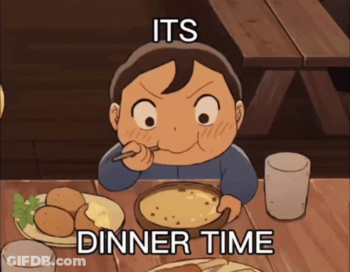 A Cartoon Boy Is Sitting At A Table With A Bowl Of Soup And A Spoon In His Mouth . GIF