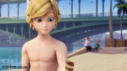 A Cartoon Boy Is Standing On A Beach Without A Shirt On . GIF