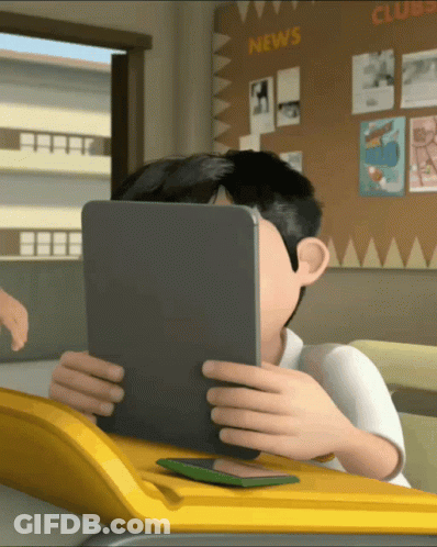 A Cartoon Boy Is Using A Tablet In Front Of A News Board GIF