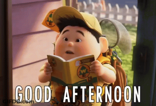 A Cartoon Boy Reading A Book With The Words " Good Afternoon " Written Below Him GIF
