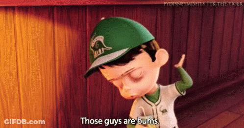 A Cartoon Boy Wearing A Green Baseball Cap Says " Those Guys Are Bums " GIF