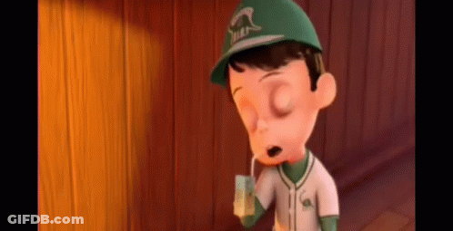 A Cartoon Boy Wearing A Green Hat And A Baseball Uniform Is Holding A Cup Of Coffee . GIF