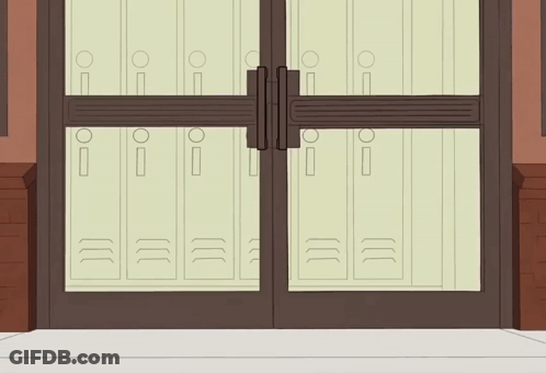 A Cartoon Boy With A Red Backpack Is Running Towards A School Locker GIF