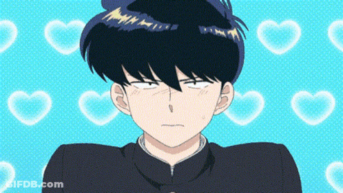 A Cartoon Boy With Black Hair Is Making A Funny Face In Front Of A Blue Background With Hearts . GIF