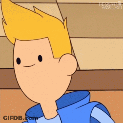 A Cartoon Boy With Blonde Hair And A Blue Jacket Is Smiling And Looking At The Camera . GIF