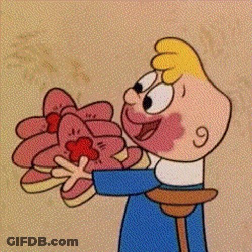 A Cartoon Boy With Crutches Is Holding A Bouquet Of Pink Flowers . GIF