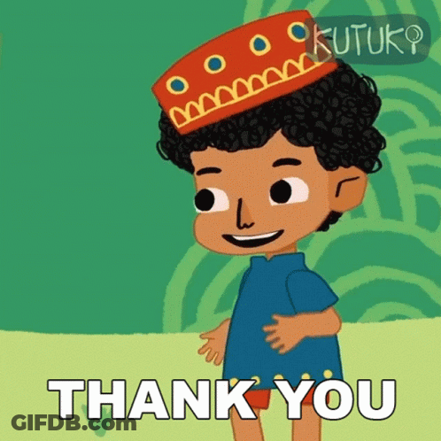 A Cartoon Boy With Curly Hair Wearing A Red Hat Says Thank You GIF