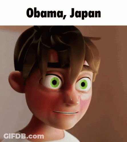A Cartoon Boy With Green Eyes And The Words Obama Japan Below Him GIF
