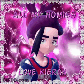 A Cartoon Boy With Purple Hair Is Standing In Front Of A Pink Background . GIF