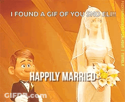 A Cartoon Bride And Groom Are Standing Next To Each Other And The Caption Says Happily Married GIF