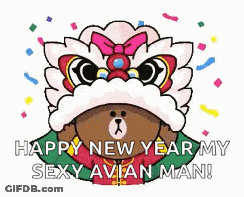 A Cartoon Brown Bear Is Wearing A Lion Costume And Saying `` Happy New Year My Sexy Avian Man ! '' GIF
