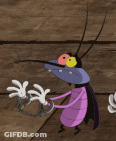 A Cartoon Bug Is Wearing Handcuffs And A Purple Outfit GIF