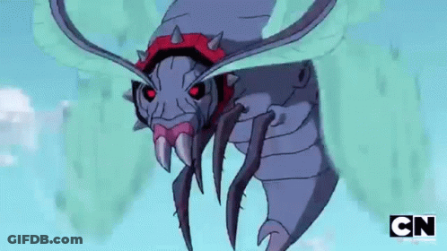A Cartoon Bug With Red Eyes And Spikes On Its Head Is Flying In The Air . GIF