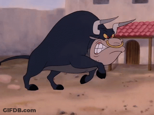 A Cartoon Bull Is Standing In Front Of A Building With A Red Roof GIF