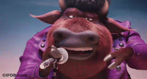 A Cartoon Bull Singing Into A Microphone Wearing A Purple Leather Jacket GIF