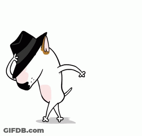 A Cartoon Bull Terrier Wearing A Black Hat And Mustache . GIF