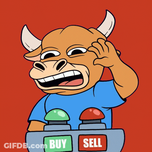 A Cartoon Bull With A Buy And Sell Button GIF