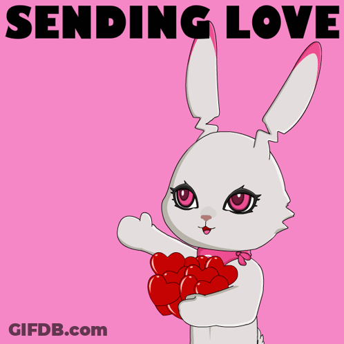 A Cartoon Bunny Holding A Bunch Of Red Hearts With The Words Sending Love Behind It GIF