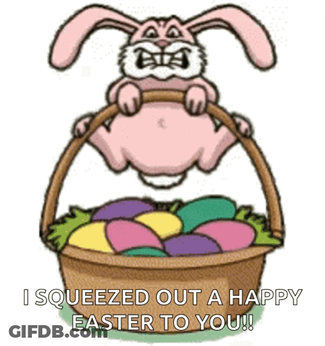 A Cartoon Bunny Is Holding A Basket Full Of Easter Eggs GIF