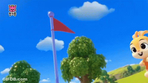 A Cartoon Bunny Is Jumping In The Air With A Red Flag In The Background GIF