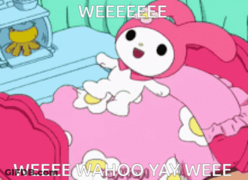A Cartoon Bunny Is Laying On A Bed With The Words Weeeee Wahoo Yay Weeeee GIF