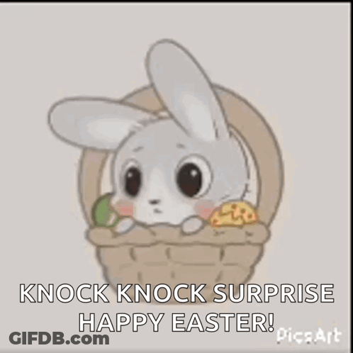 A Cartoon Bunny Is Sitting In A Basket With Eggs And Says `` Knock Knock Surprise Happy Easter '' . GIF