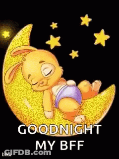 A Cartoon Bunny Is Sleeping On A Crescent Moon With The Words `` Goodnight My Bff '' Written Below It . GIF