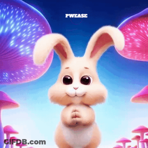 A Cartoon Bunny Is Standing In Front Of Mushrooms With The Words Pwease Above It GIF