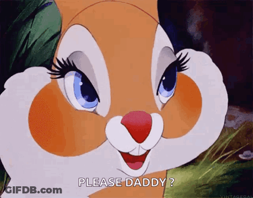 A Cartoon Bunny Says Please Daddy In Front Of A Tree GIF